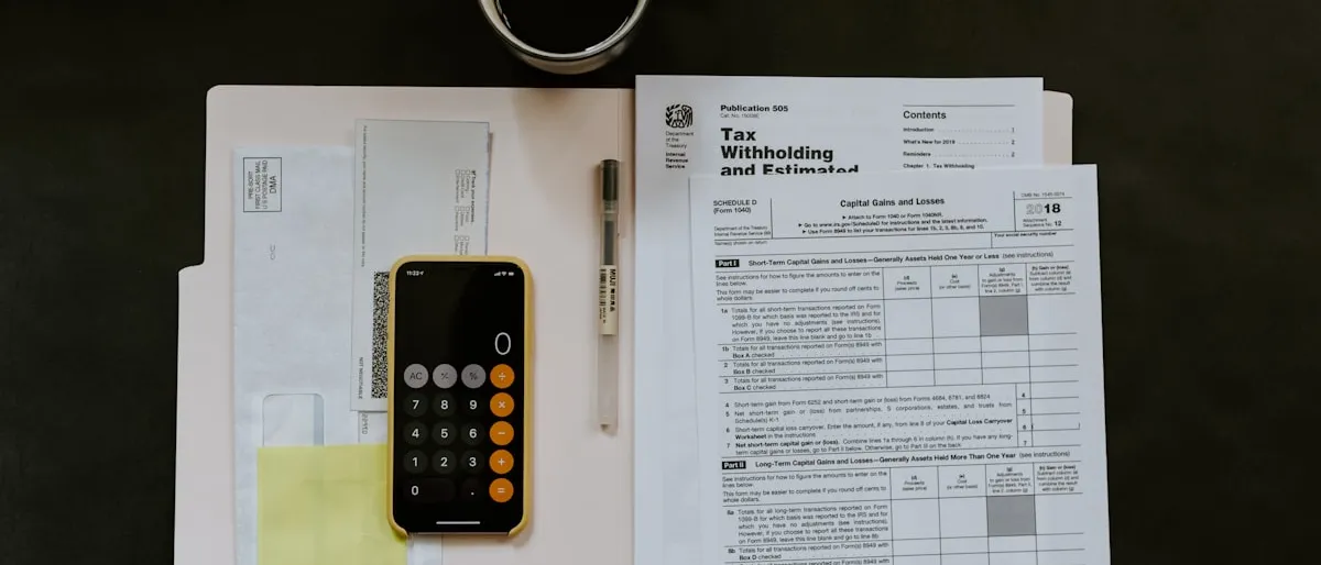 A tax withholding form, calculator, and coffee cup laid out on a desk