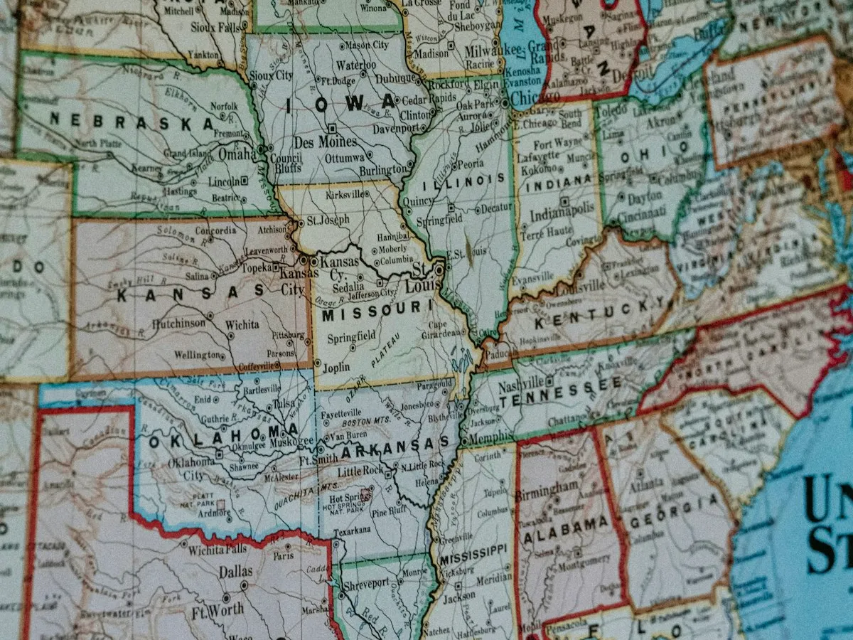 A close-up of a printed map showing US state borders